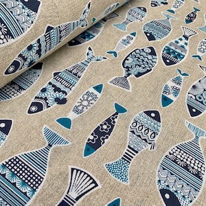 Blue Fish Marine Fabric Linen Look Home Decor Curtain Upholstery Material - 280cm or 110" Extra wide