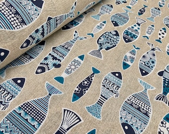 Blue Fish Marine Fabric Linen Look Home Decor Curtain Upholstery Material - 280cm or 110" Extra wide