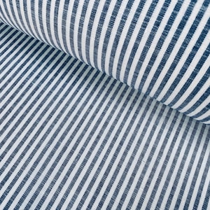 Candy Stripe Linen Fabric Light Cotton Material Cute Striped White Lines Home Decor, Dressmaking - 59" or 150cm wide - Navy Blue