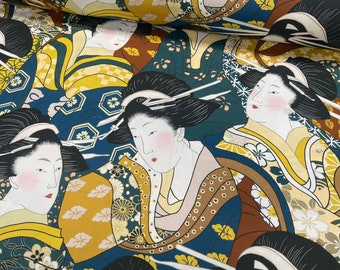 Geisha Faces Print Fabric Oriental Maiko Japanese Chinese Home Decor Curtains Upholstery Dress Material  - 140cm or 55" Wide