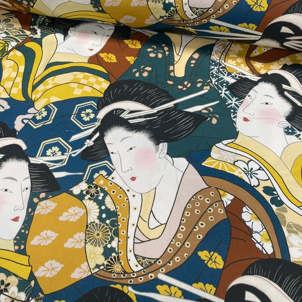 Tissu imprimé visages de geisha oriental Maiko japonais chinois décoration d'intérieur rideaux tissu d'ameublement - 140 cm de large