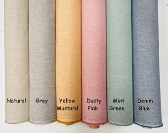 Op de afbeelding: Zes stofstalen in verschillende kleuren: naturel, grijs, mosterdgeel, stoffig roze, mintgroen en denimblauw.