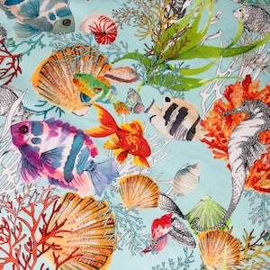 Aqua Sea World Coral Reef Fabric Curtain Upholstery Cotton Material - Marine Teal Seahorse Shell Red Corals -55&quot;/140cm Wide
