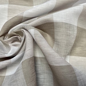 100% Linen Gingham Checked Fabric Plaid Material Buffalo Check Yarn Dressmaking, Curtains - 150cm wide - LIGHT GREY & WHITE Checks