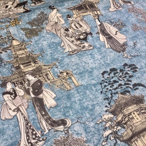 Materiale tessuto per tende in twill orientale geisha giapponese pagoda - tessuto extra largo 110&#39;&#39; - blu, senape