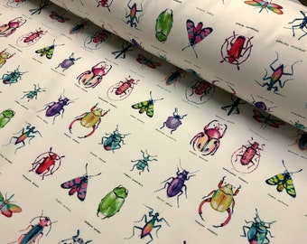 Ivory Bugs & Insects Fabric for Curtains Upholstery Dressmaking - Bee Moth Butterfly Dragonfly Print 100% Cotton Material - 55"/140cm wide