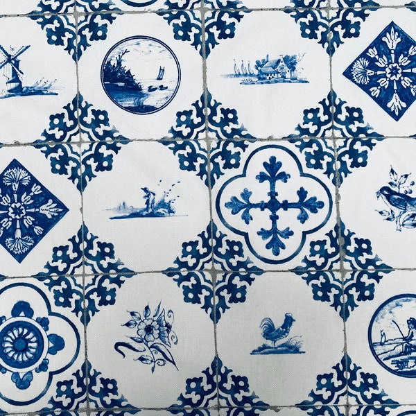 Dutch Tile Geometric Fabric Ceramic Effect Delft Blue Windmill Holland Tulips Cotton Curtain Upholstery Material - 55"/140cm wide