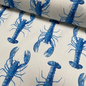 Blue Lobster Print Fabric Curtains Upholstery Dress Material Crayfish Nautical Marine  - 140cm or 55" Wide White Canvas