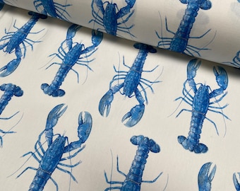 Blue Lobster Print Fabric Curtains Upholstery Dress Material Crayfish Nautical Marine  - 140cm or 55" Wide White Canvas