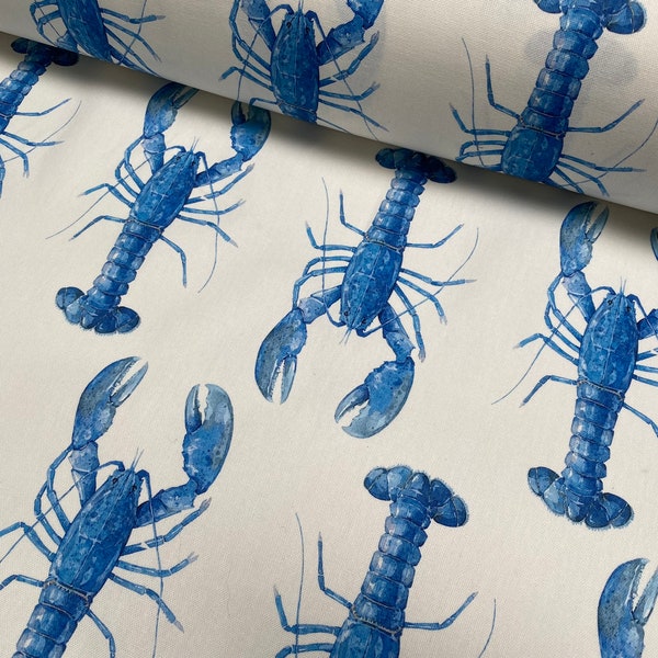 Bleu Homard Imprimé Tissu Rideaux Rembourrage Robe Matériel Nautique Marine - 140cm Large Toile Blanche