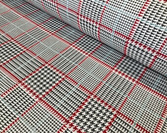 Royalty Gobelin Houndstooth Squares Print Fabric Material for Curtains Upholstery - 55"/140cm Wide - Red & Grey Geometric Patten