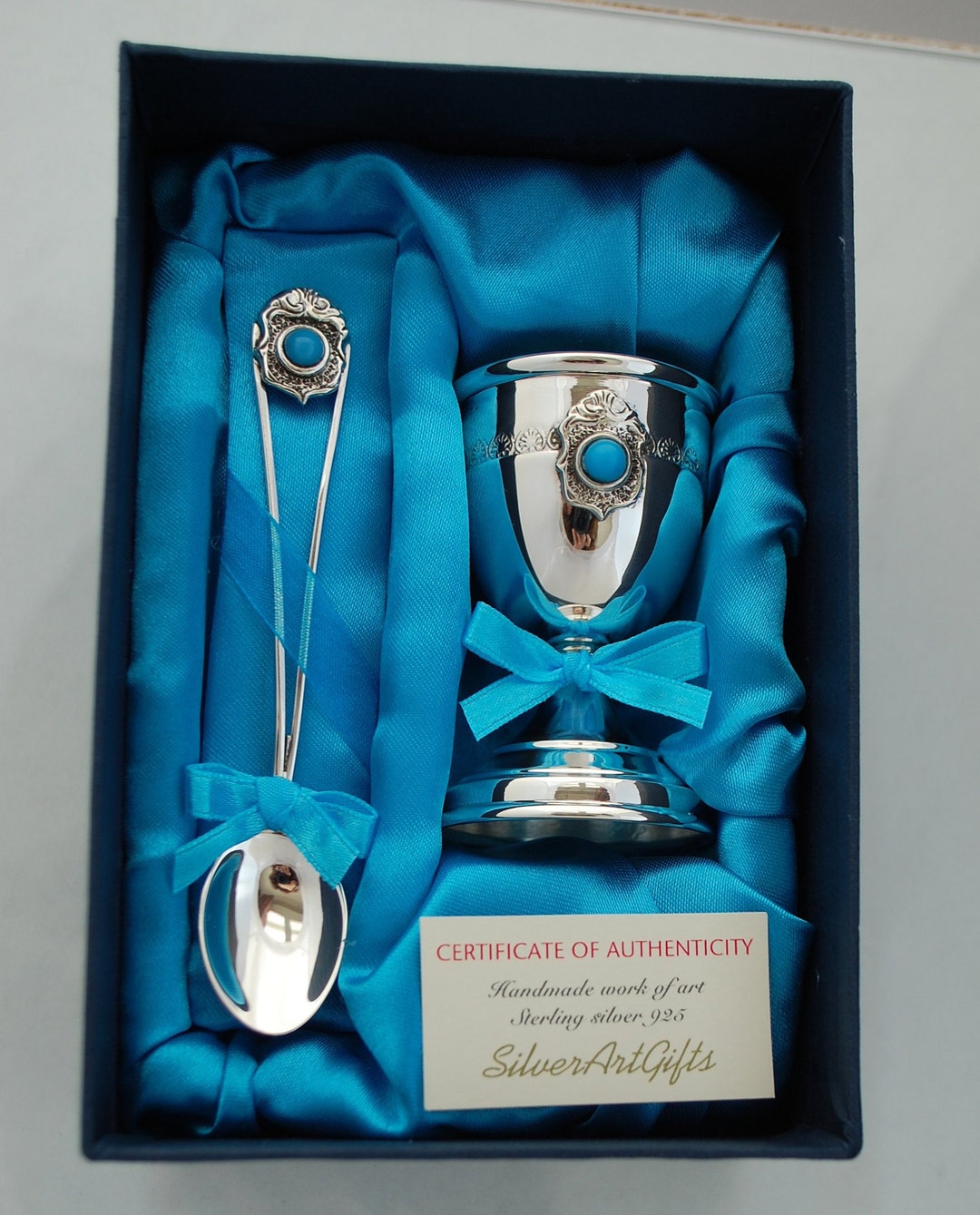 Sterling Silver Egg Cup & Spoon SET NEW Christening Gift, Handmade