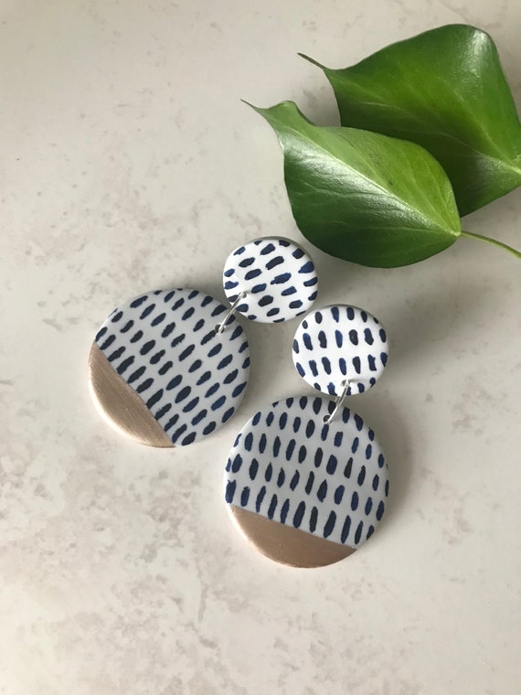 Geometric statement earrings in navy, bronze and grey, spotty dotty clay earrings, hand painted dangle earrings
