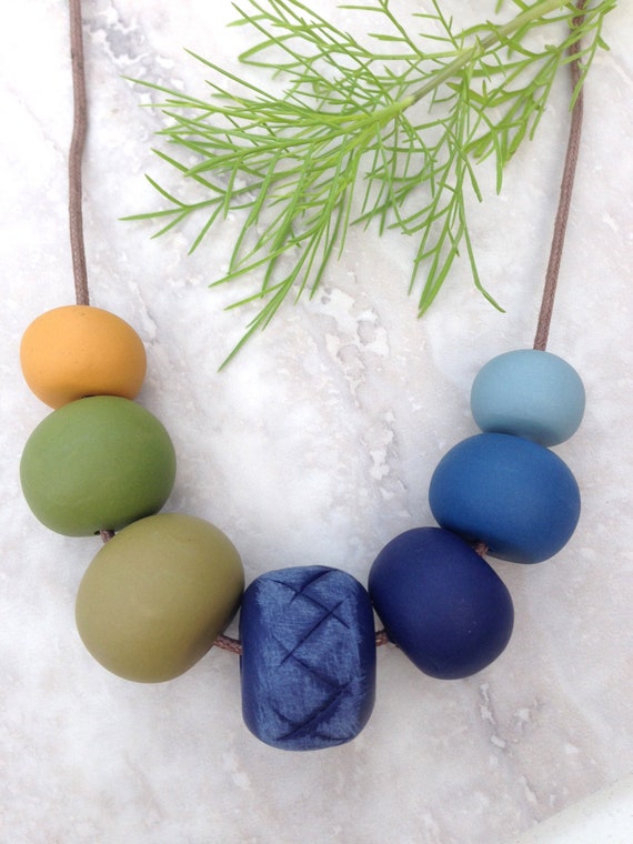 Navy, mustard and olive clay necklace