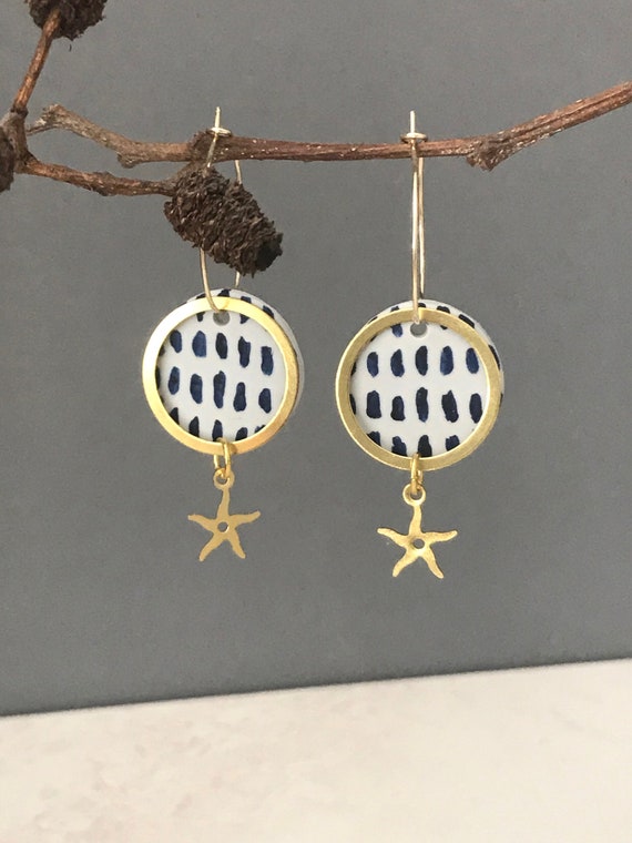 Navy and gold drop earrings with brass detail, Gold and blue hoop earrings, spotty blue clay dangle earrings