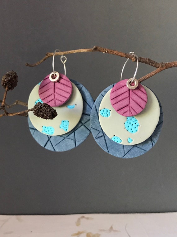 Pink and blue clay circle earrings, layered earrings, statement earrings, OOAK earrings