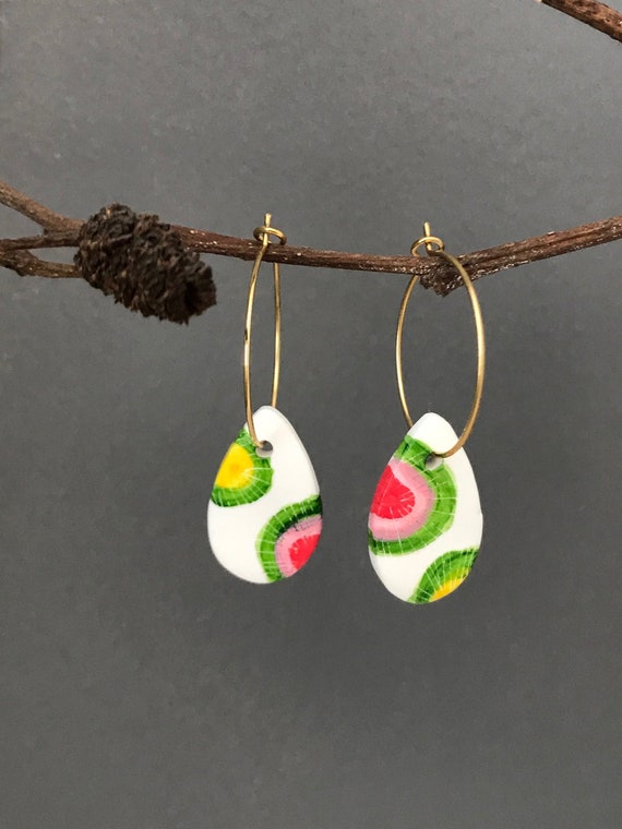 Pink and green clay drop earrings, watermelon earrings, geometric clay earrings, modern earrings, handpainted drop earrings