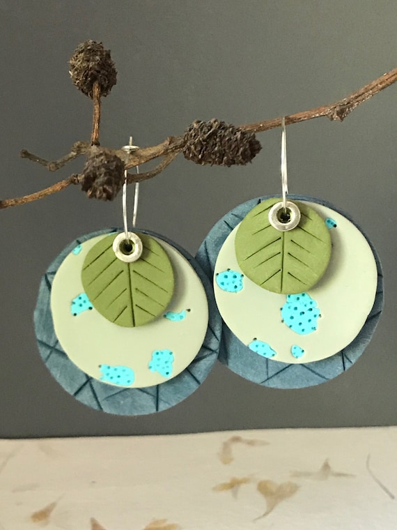 Clay circle earrings, blue and green clay earrings, interchangeable earrings, OOAK clay earrings