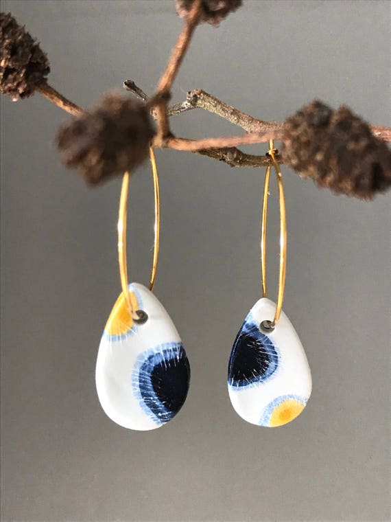 Navy and yellow clay drop earrings, geometric clay earrings, modern earrings, handpainted drop earrings