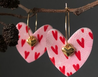 Valentine clay heart earrings on gold hoops, Love heart earrings, Valentine earrings, hand painted clay heart hoops