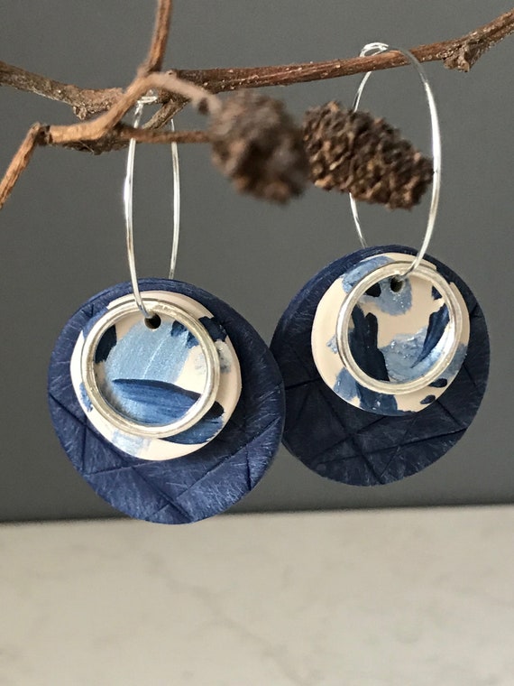 Hand painted clay earrings in blue and cream, abstract clay earrings, handmade earrings on silver hoops