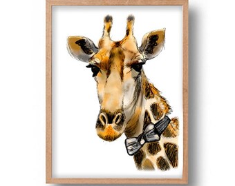 Obra de arte de jirafa- Vibrant A4 Limited Edition Fine Art Print. Giraffe Art Print,Arte de pared, Póster, Ilustración, Dibujo, Obra de arte