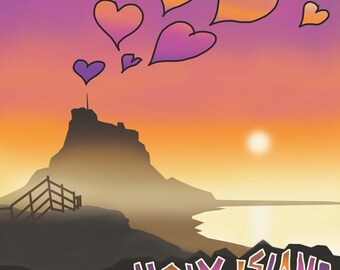 Holy Island Kunstdruck Lindisfarne Sonnenuntergang Nordumberland Sommernächte 30cm quadratisch geordie nordost römer st cuthbert tidal island