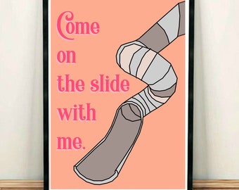 Come On The Slide With Me Print typography playground fun child print young nostalgia nostalgic playtime peach spiral nursery art baby