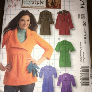 May include: Sewing pattern for a dress with a wrap style bodice and a variety of sleeve options. The pattern is for sizes 12-14-16-18 and is from McCall's. The pattern is called "Diystyle" and is designed by Allyce King and Melissa Watson.