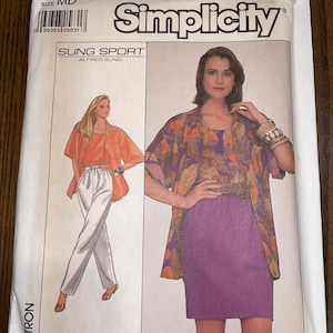 May include: Simplicity sewing pattern number 8677 for a women's top and skirt. The pattern is for a size medium and includes instructions for using an overlock or serger sewing machine. The pattern is titled "Sung Sport" by Alfred Sung.