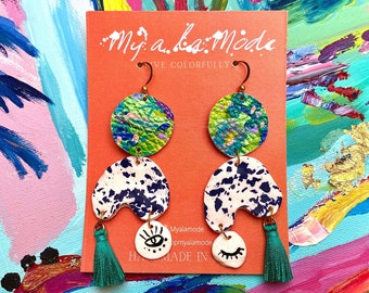 Colorful Statement Earrings, Hand Painted Clay and Leather Jewelry, Gifts For Her