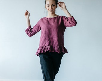 LINEN blouse with ruffled bottom in wild orchid color, natural linen blouse for women pluse size, top with sleeves