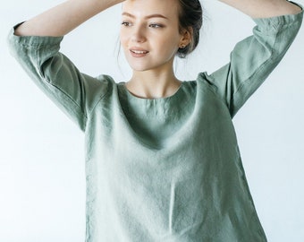 Linen Top boat-neck and 3/4 sleeves, natuaral linen summer top in green color, linen women clothes, loose fit top