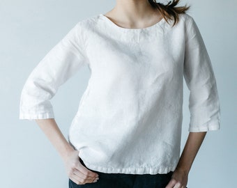 Linen Tee Shirt Women in white color, summer shirt with sleeves, linen t shirt women