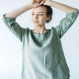 Linen Top boat-neck and 3/4 sleeves, natuaral linen summer top in green color, linen women clothes, loose fit top