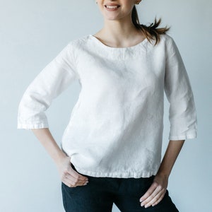 Linen Tee Shirt Women in white color, summer shirt with sleeves, linen t shirt women