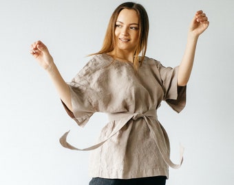 LINEN SUMMER Tee with half sleeve and belt in beige color for every day, natural linen linen shirt, loose linen shirt, women linen clothing