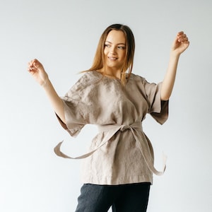 T-shirt estiva in lino con mezza manica e cintura in colore beige per tutti i giorni, camicia in lino naturale, camicia in lino larga, abbigliamento in lino da donna