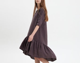 Linen ruffled dress with sleeves, linen midi dress, linen casual dress.