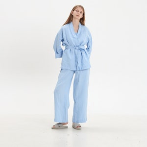 Linen Pyjama, linen pajama set women includes: spaghetti strap top, shorts or pants and linen kimano robe