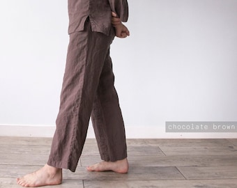 LINEN MEN'S PANTS with Tie, linen pants men, straight men pants in brown, natural washed linen pents, men loose pants, lounge pants