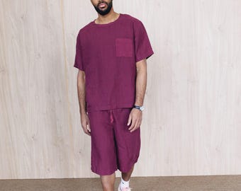 Men’s Linen T-shirt and Long Shorts Set with Pocket Top and Elastic Waist