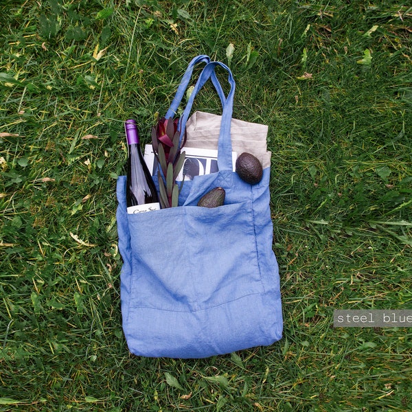 Linen beach bag, watercolor tote bag, linen eco tote bag, tote bag blue, linen tote bag with pockets, linen beach tote