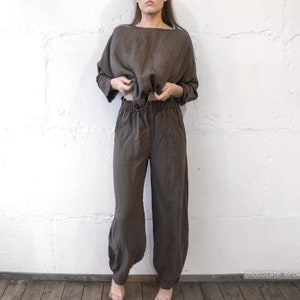 Linen PAJAMA SET with , bloomers pants and wide sleeve top , linen wide pants , long linen pants , turkish-style pants , linen pants Len.Ok