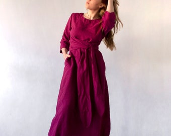 MAXI DRESS, pure linen dress, plus size dress, plus size clothing, long sleeve dress, obi belt dress, pure linen dress