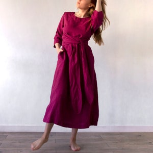 MAXI DRESS, pure linen dress, plus size dress, plus size clothing, long sleeve dress, obi belt dress, pure linen dress image 1