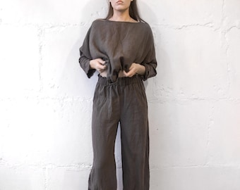 Linen PAJAMA SET with , bloomers pants and wide sleeve top , linen wide pants , long linen pants , turkish-style pants , linen pants Len.Ok