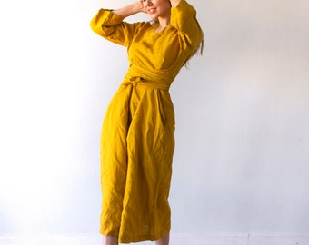 Linen Long Dress in yellow with wide textile belt and pockets, three quarter sleeve, plus size dress