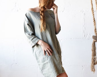 LINEN DRESS Linen tunic pajama shirt / Linen shirt dress / Linen dress for woman / Shirt dress/ Linen shirt / Linen top / loungewear Len.Ok