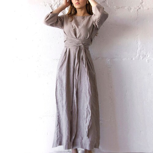 LINEN DRESS long midcalf belt dress / Linen long dress / Long Linen dress for woman / waist belt dress/ A dress / loungewear Len.Ok
